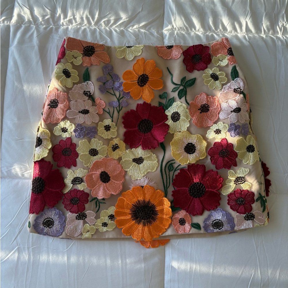 Vici Floral Embroidered Mini Skirt - Cream with Red, Orange & Pink Blooms